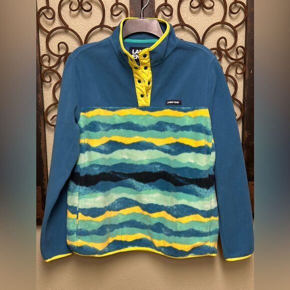 Lands End pullover sweatshirt with front pockets & snap button neck - Picture 1 of 6